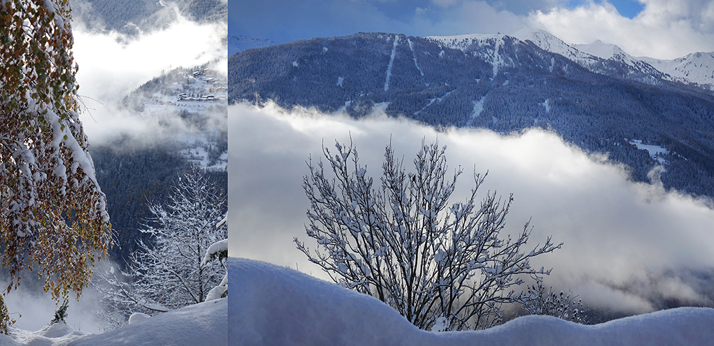Vues hivernales sur la vallée de la Tarentaise depuis le chalet des Alpes Djan è Glyâmo