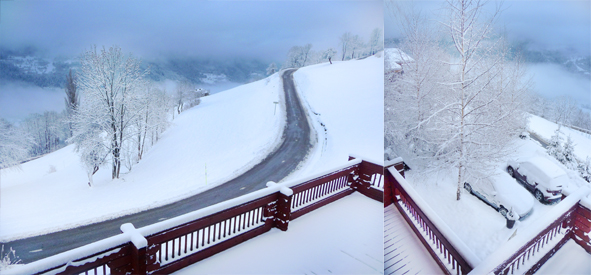 A gauche, la route de Picolard-Valezan et à droite les voitures recouvertes de neige