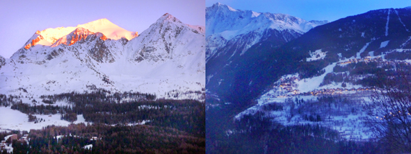 Au gauche, le Mont Pourri et à droite la petite station de Montchavin