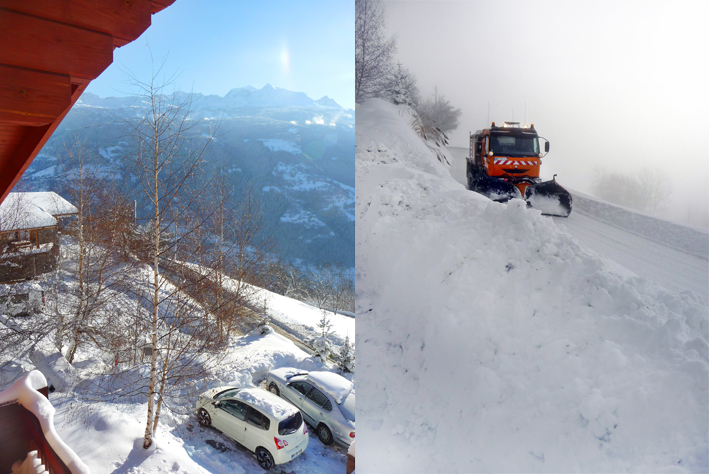 Le chasse-neige dégage la route devant le chalet des Alpes Djan é Glyâmo