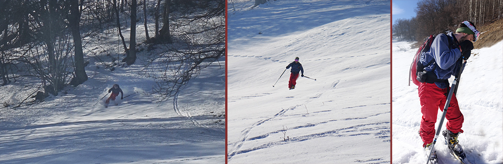 Le retour de Glyâmo skis aux pieds sur l'alpage qui jouxte le chalet Djan è Glyâmo