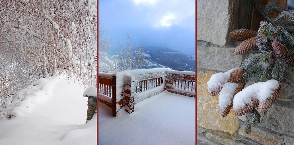 La neige fait plier les bouleaux et tapissent le bois du balcon