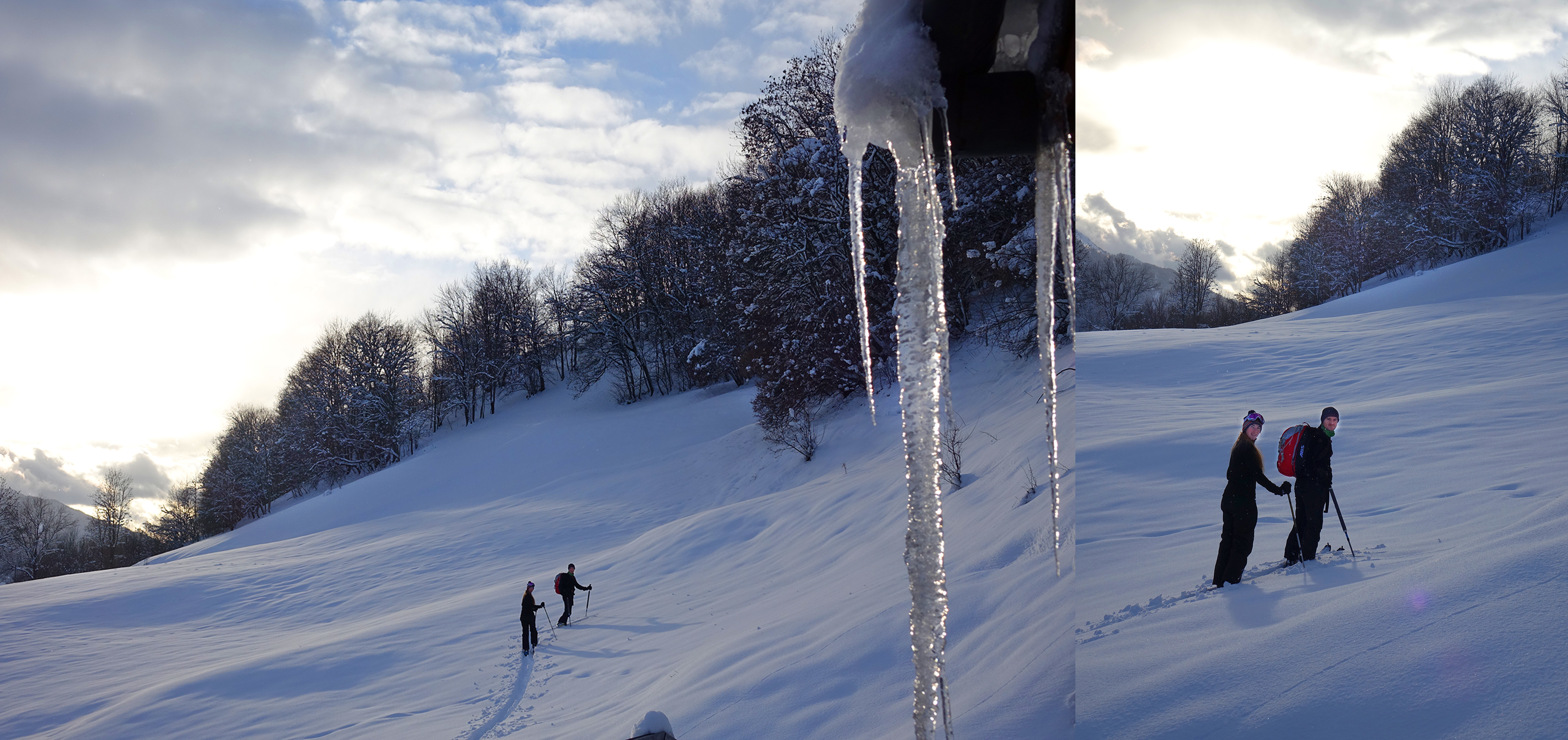 Djan et Léà, skis de randonnée aux pied, partent du chalet des Alpes Djan è Glyâmo