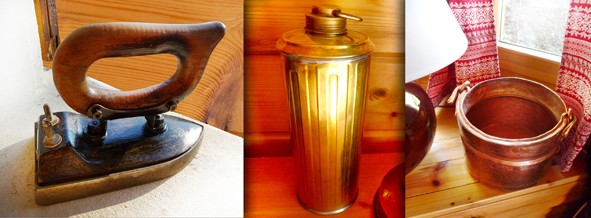 An old iron - A brass canteen - A copper pot