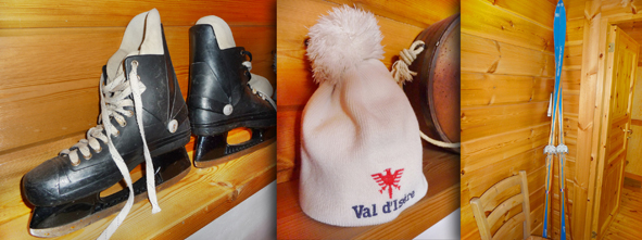 The canadian ice skates,  the "Val d'Isère" cap and the old skis