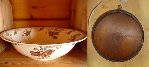 A “Sarreguemines“ plate - A wood wineskin found in a second-hand shop